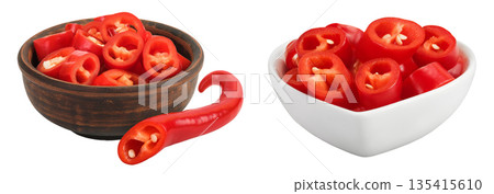 red hot chili pepper slices in wooden bowl isolated on white background 135415610