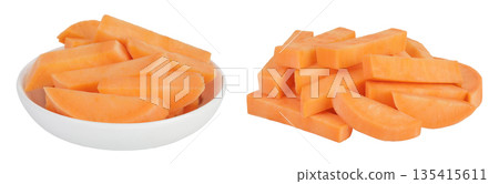 Sweet potato slices in a ceramic bowl isolated on white background with full depth of field 135415611