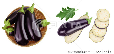 eggplant in a wicker basket isolated on white background with full depth of field. Top view. Flat lay 135415613
