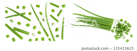 Green onion isolated on the white background. Top view. Flat lay. Green onion isolated on the white background. Top view. Flat lay. 135415625