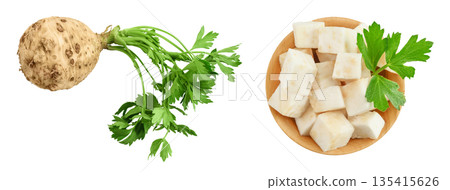 Fresh celery root with leaf isolated on white background. Top view. Flat lay Fresh celery root with leaf isolated on white background. Top view. Flat lay 135415626