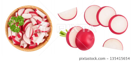 Radish slices in wooden bowl isolated on white background. Top view. Flat lay Radish slices in wooden bowl isolated on white background. Top view. Flat lay 135415654