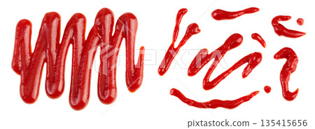 Red tomato sauce or ketchup isolated on white background . Top view. Flat lay Red tomato sauce or ketchup isolated on white background . Top view. Flat lay 135415656