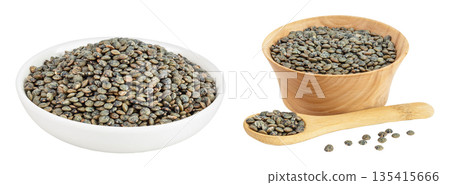 raw french green lentils in ceramic and wooden bowl isolated on white background with full depth of field raw french green lentils in ceramic and wooden bowl isolated on white background with full depth of field 135415666