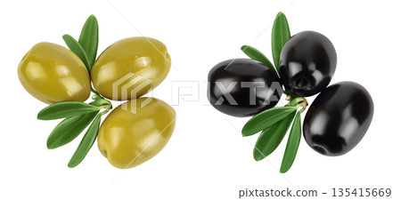 Green and black olives with leaves isolated on a white background with full depth of field. Top view. Flat lay 135415669