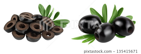Black olive slices isolated on a white background with full depth of field. Black olive slices isolated on a white background with full depth of field. 135415671