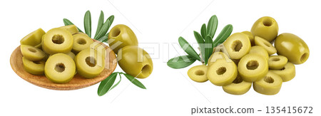 Green olives with leaves in wooden bowl isolated on a white background with full depth of field. 135415672