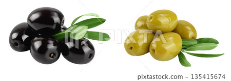 Black and green olives with leaves isolated on a white background with full depth of field. Black and green olives with leaves isolated on a white background with full depth of field. 135415674