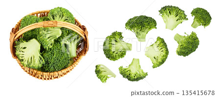fresh broccoli in wicker basket isolated on white background close-up with full depth of field. Top view. Flat lay fresh broccoli in wicker basket isolated on white background close-up with full depth of field. Top view. Flat lay 135415678