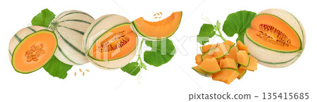 Cantaloupe melon isolated on white background with full depth of field. Top view. Flat lay Cantaloupe melon isolated on white background with full depth of field. Top view. Flat lay 135415685