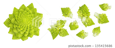 Romanesco broccoli cabbage or Roman Cauliflower isolated on white background. Top view. Flat lay Romanesco broccoli cabbage or Roman Cauliflower isolated on white background. Top view. Flat lay 135415686