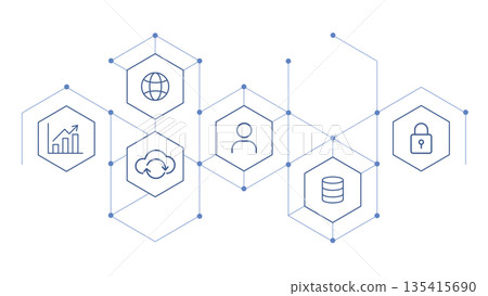 Abstract hexagon network icons representing blockchain, cloud computing and data security 135415690