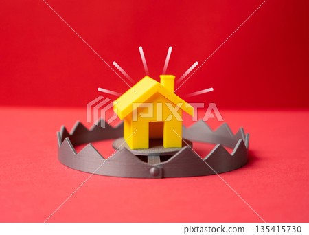 A yellow house like bait in a trap. Risky home buying during times of instability. Real estate warning, market volatility and false affordability. A yellow house like bait in a trap. Risky home buying during times of instability. Real estate warning, market volatility and false affordability. 135415730