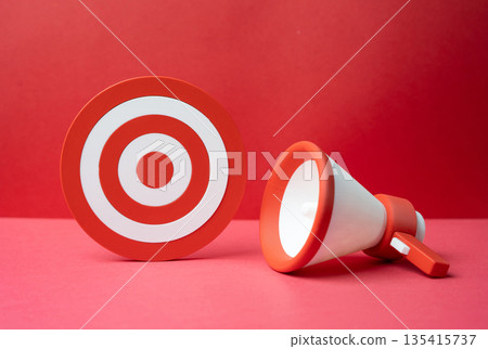 A megaphone and a round target. Target audience. The purpose of propaganda and agitation. Marketing and advertising. Focused messaging strategy, influence tools and precise communication A megaphone and a round target. Target audience. The purpose of propaganda and agitation. Marketing and advertising. Focused messaging strategy, influence tools and precise communication 135415737