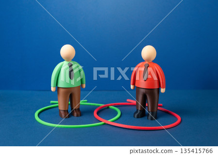 A conflict of interest between two businessmen. Common goals and interests. Business rivalry concept, negotiation tension and ethical dilemmas. Partnership risks, competition and decision making 135415766
