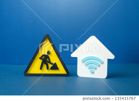 Home internet is disconnected while repairs are ongoing. Network outage and maintenance work. Digital disruption at home, remote work interruption and dependence on stable connectivity 135415767