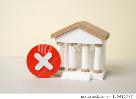 The bank building and the prohibition sign. Termination of the bank's license and the introduction of a temporary administration. Financial instability, regulatory action 135415777