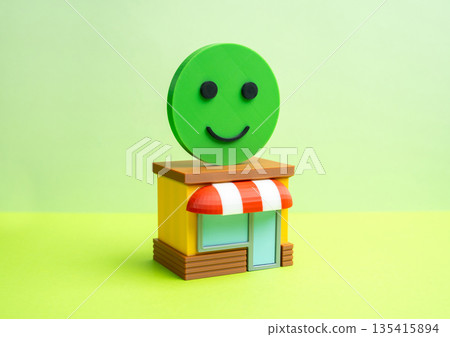 A green smiley face on the store. Good financial health of the business, favorable investment climate. Stability indicator, positive cash flow and confidence for partners, investors and customers 135415894