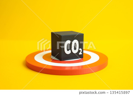 CO2 cube on target. Achievement of greenhouse gas emissions target. Do not exceed emissions quotas. Climate responsibility concept, regulatory compliance and sustainable business transition goals 135415897