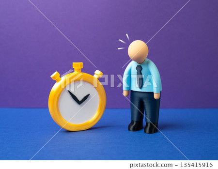 A tired office worker and a stopwatch. Heavy workload, little time. Deadline. Burnout risk, time pressure and productivity stress. Modern work imbalance, performance expectations 135415916