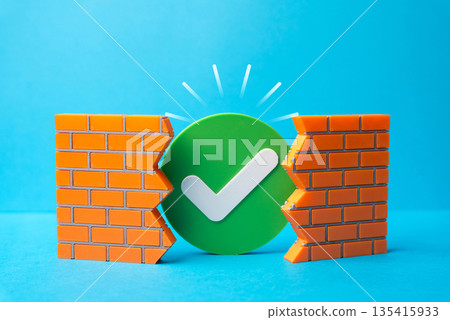 A green checkmark in a gap in the wall. Break through barriers and obstacles. Make a decision, break the paradigm. Success mindset, approval symbol and strategic breakthrough 135415933