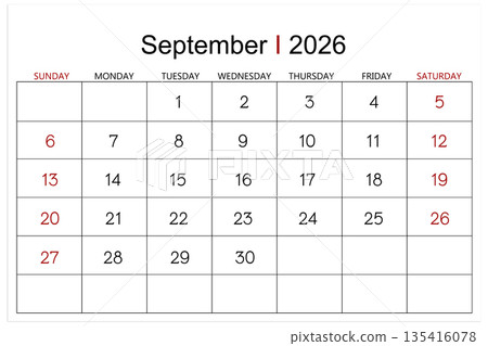 Calendar September 2026 page isolated on white background. Calendar September 2026 page isolated on white background. 135416078