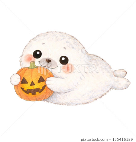 [Halloween] Colored pencil illustration of a baby seal holding a jack-o'-lantern 135416189