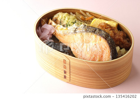 Chikuwa tempura, fried chicken, grilled salmon, and nori bento Chikuwa tempura, fried chicken, grilled salmon, and nori bento 135416202