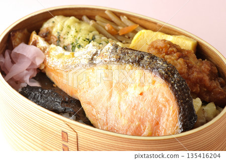 Chikuwa tempura, fried chicken, grilled salmon, and nori bento Chikuwa tempura, fried chicken, grilled salmon, and nori bento 135416204