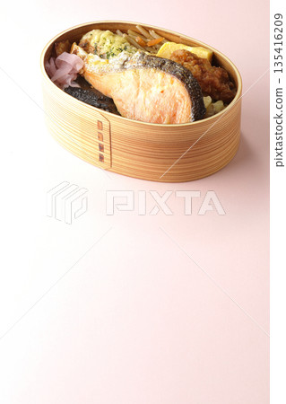 Chikuwa tempura, fried chicken, grilled salmon, and nori bento Chikuwa tempura, fried chicken, grilled salmon, and nori bento 135416209