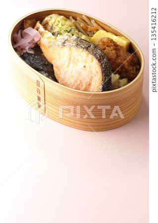 Chikuwa tempura, fried chicken, grilled salmon, and nori bento Chikuwa tempura, fried chicken, grilled salmon, and nori bento 135416212