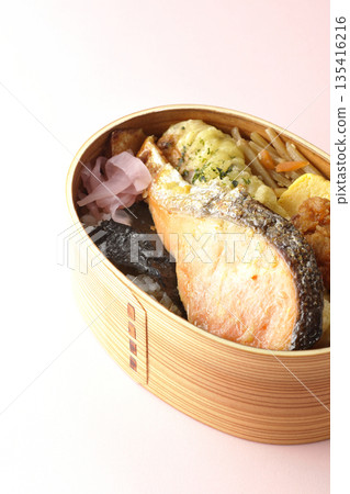 Chikuwa tempura, fried chicken, grilled salmon, and nori bento 135416216