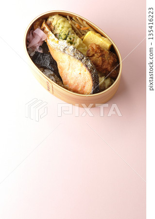 Chikuwa tempura, fried chicken, grilled salmon, and nori bento Chikuwa tempura, fried chicken, grilled salmon, and nori bento 135416223