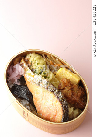 Chikuwa tempura, fried chicken, grilled salmon, and nori bento Chikuwa tempura, fried chicken, grilled salmon, and nori bento 135416225