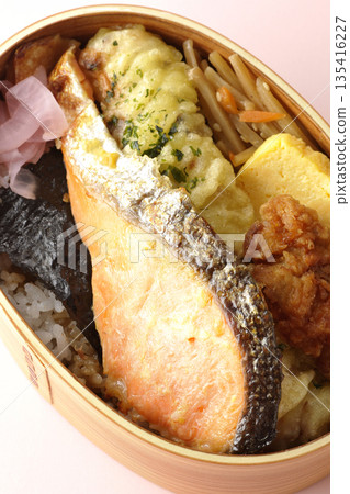 Chikuwa tempura, fried chicken, grilled salmon, and nori bento Chikuwa tempura, fried chicken, grilled salmon, and nori bento 135416227