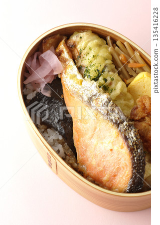 Chikuwa tempura, fried chicken, grilled salmon, and nori bento Chikuwa tempura, fried chicken, grilled salmon, and nori bento 135416228