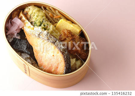 Chikuwa tempura, fried chicken, grilled salmon, and nori bento Chikuwa tempura, fried chicken, grilled salmon, and nori bento 135416232