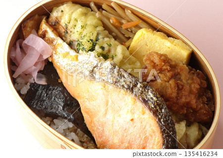 Chikuwa tempura, fried chicken, grilled salmon, and nori bento Chikuwa tempura, fried chicken, grilled salmon, and nori bento 135416234