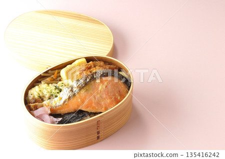 Chikuwa tempura, fried chicken, grilled salmon, and nori bento 135416242