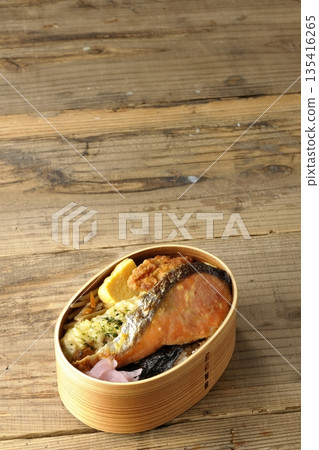 Chikuwa tempura, fried chicken, grilled salmon, and nori bento 135416265