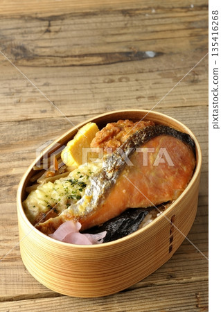 Chikuwa tempura, fried chicken, grilled salmon, and nori bento Chikuwa tempura, fried chicken, grilled salmon, and nori bento 135416268