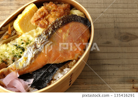 Chikuwa tempura, fried chicken, grilled salmon, and nori bento Chikuwa tempura, fried chicken, grilled salmon, and nori bento 135416291