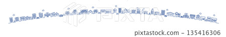 弧形線條繪製的城市景觀插圖素材 | 山坡上的房屋和建築向量素材 135416306