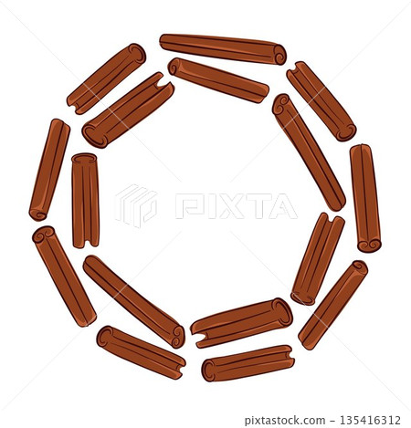 Circular frame with cinnamon stick in flat style isolated on white background. Aromatic spice illustration with empty center for food branding, packaging, menu and seasonal design. 135416312