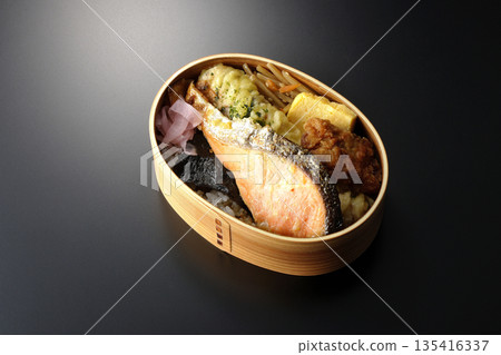 Chikuwa tempura, fried chicken, grilled salmon, and nori bento Chikuwa tempura, fried chicken, grilled salmon, and nori bento 135416337