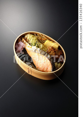 Chikuwa tempura, fried chicken, grilled salmon, and nori bento Chikuwa tempura, fried chicken, grilled salmon, and nori bento 135416340