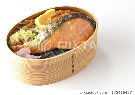 Chikuwa tempura, fried chicken, grilled salmon, and nori bento Chikuwa tempura, fried chicken, grilled salmon, and nori bento 135416437
