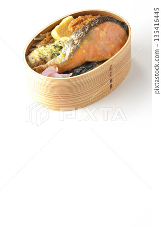 Chikuwa tempura, fried chicken, grilled salmon, and nori bento 135416445