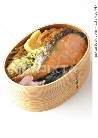 Chikuwa tempura, fried chicken, grilled salmon, and nori bento Chikuwa tempura, fried chicken, grilled salmon, and nori bento 135416447