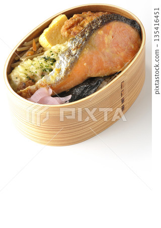 Chikuwa tempura, fried chicken, grilled salmon, and nori bento Chikuwa tempura, fried chicken, grilled salmon, and nori bento 135416451